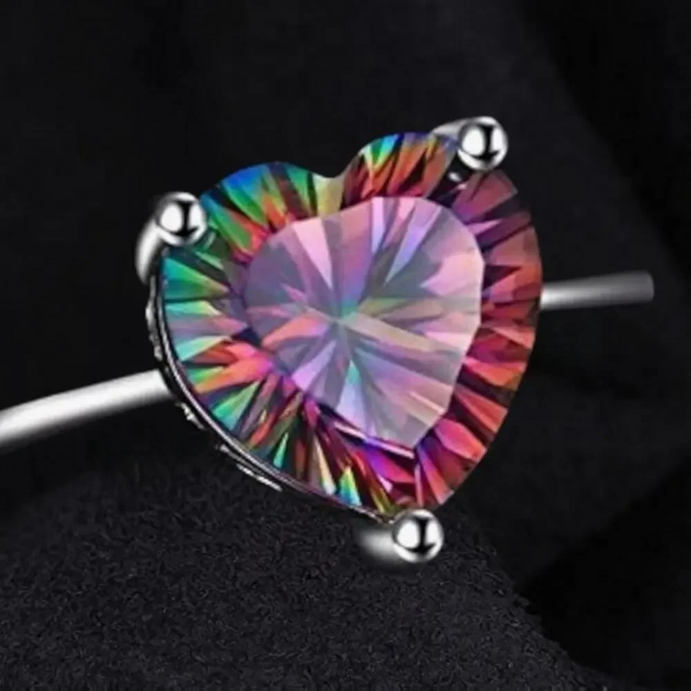 925 Sterling Silver Heart Rainbow Crystal Ring Size 9 Platinum Plated New